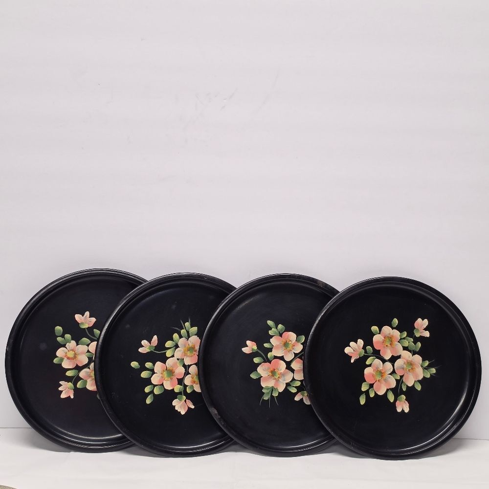 Vintage 60s Metal Handpainted Floral Black Round Coaster Serving Tray Plate Set